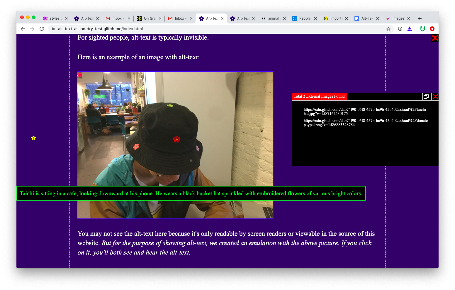 A screenshot of a computer browser window showing the Alt-Text Chrome extension's functionality. The alt-text 'Taichi is sitting in a cafe, looking downward at his phone. He wears a black bucket hat with embroidered flowers of various bright colors' appears visibly in lime green text on a black background superimposed on top of the actual image. The extension has another black window that says, 'Total 2 External Images Found.'